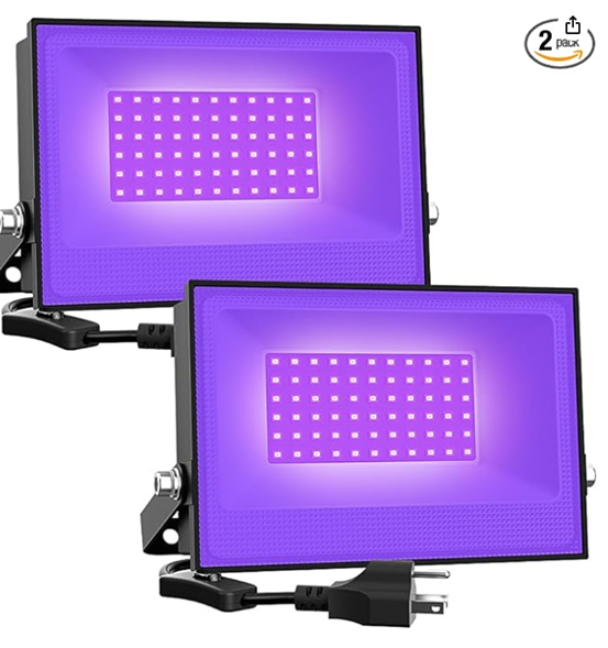 two square black lights with electrical plugs