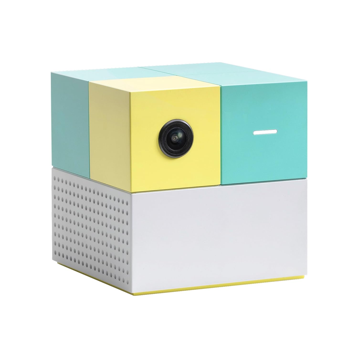 Next Console, a white cube with yellow and blue squares on the top edge