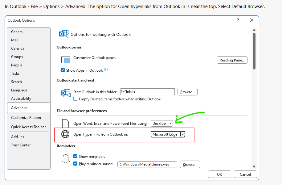 Screenshot of Outlook Advanced settings