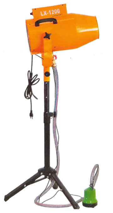 Orange cylindrical foam machine atop black stand